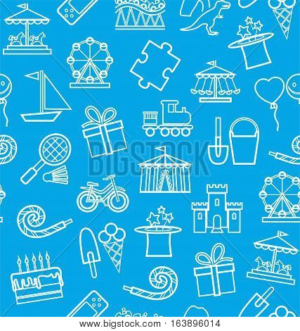 Children's entertainment and leisure, seamless background, blue, contour.  Vector background with objects for the entertainment of children. Linear white image on a blue field.