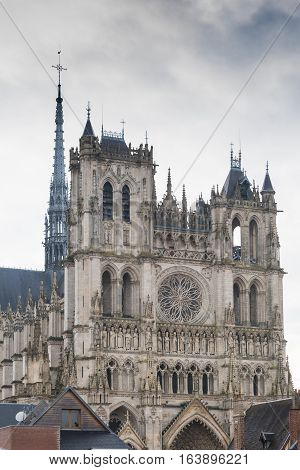 Front facade of the Amiens cathedral in France