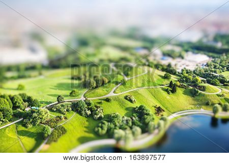 Aerial view of Olympiapark and Munich from Olympiaturm (Olympic Tower). Munich, Bavaria,  Germany. Miniature tilt shift lens effect