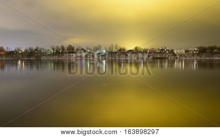 View of Neva River at evening on the outskirts of St. Petersburg Russia.