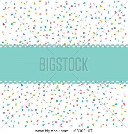 Colorful explode confetti with green banner on white background. Confetti for birthday carnival celebration anniversary and holiday party background.