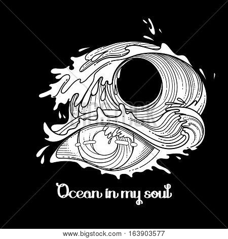 Abstract grphic eye decorated with storm waves. Sacred geometry. Blackwork tattoo or t-shirt design. Coloring book page for adults. Vector art isolated on black background.