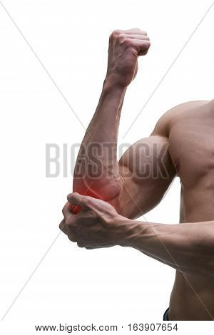 Pain in the elbow muscular male body isolated on white background with red dot
