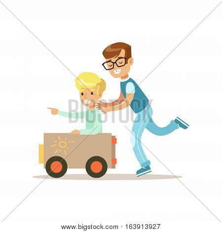 Boy And His Dad Playing Toy Car, Traditional Male Kid Role Expected Classic Behavior Illustration. Part Of Series With Smiling Teenage Boys And Their Interests Vector Characters.