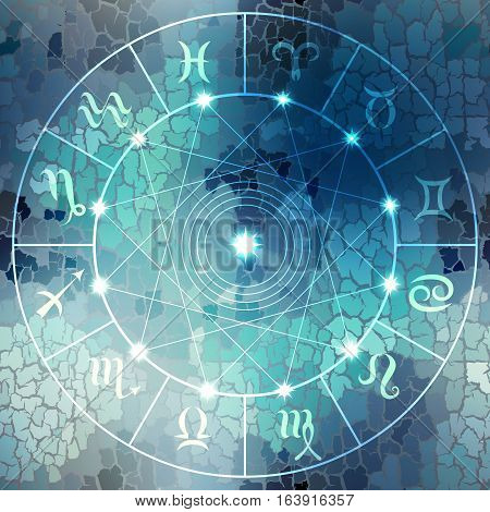 Circle with signs of zodiac on dark blue blur background.