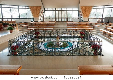 Capernaum (Cafarnaum), Israel - January 01, 2017 : Interior of the church was built over the ruins of Peter's house in Capernaum. Israel