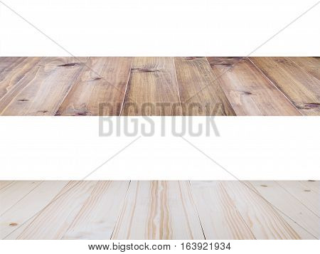 Perspective of wooden table or shelf isolated on white background product display template.