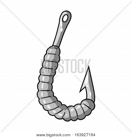 Worm on a hook icon in monochrome design isolated on white background. Fishing symbol stock vector illustration.