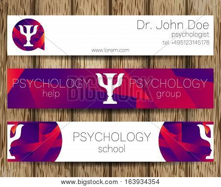 Vector Psychology Web banner design background or header Templates. Psi logo. Sumbol and icon, logotype. Profile Human. Creative style. Brand company concept. Violet color. Tree