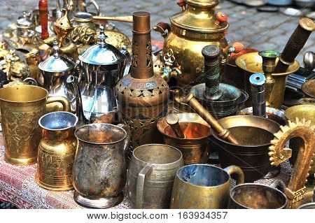 Old fashioned tableware in oriental market Baku