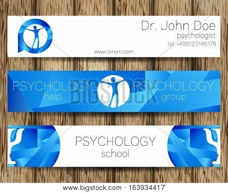 Vector Psychology Web banner design background or header Templates. Psi logo. Sumbol and icon, logotype. Profile Human. Creative style. Brand company concept. Blue color. Tree