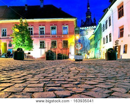 SIBIU ROMANIA - MAY 5: Night view of city square of Sighisoara Romania on May 5 2016. Sibiu is the city located in Transylvania region of Romania.