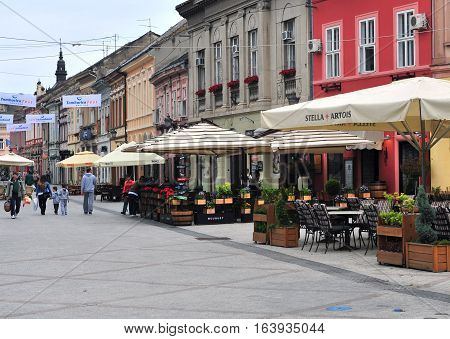 NOVI SAD SERBIA - MAY 13: View of the shopping street in Novi Sad city Serbia on May 13 2016. Novi Sad is the second largest city of Serbia.