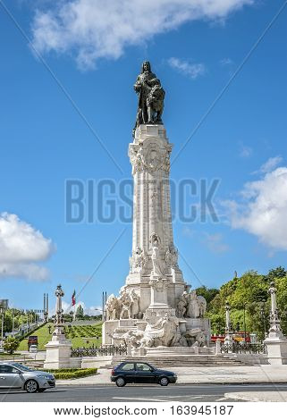 Portugal Lisbon . Avenue Avenida da Liberdade ends square named after the Marquis of Pombal in the middle of which is a monument to Pombal .