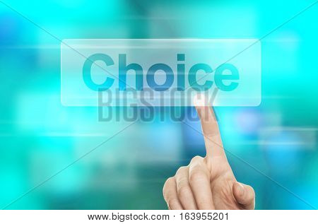 WWW Сhoice Concept. Male Hand Pressing Search Button in Virtual Web Browser