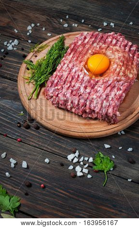 Homemade raw minced meat with egg and herbs