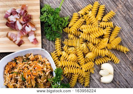 Rice pasta smoked ham in natural light