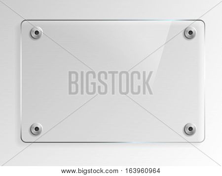 Transparent Glass Plate Mock Up. See through banner with mounts. Plastic banner with reflection and shadow. Photo realistic vector illustration