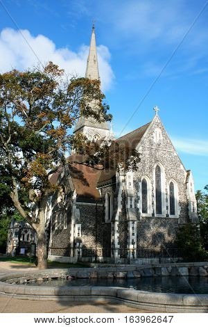 St. Alban's church (Den engelske kirke) and fountain in Copenhagen Denmark