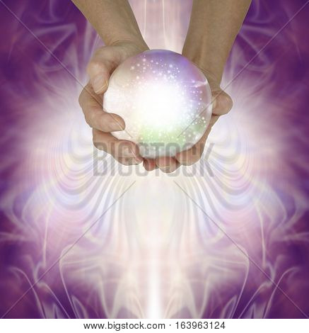 Let me read your fate and fortune in the crystal ball - Female fortune teller holding a large sparkling crystal ball in cupped hands against a magenta patterned background with copy space beneath