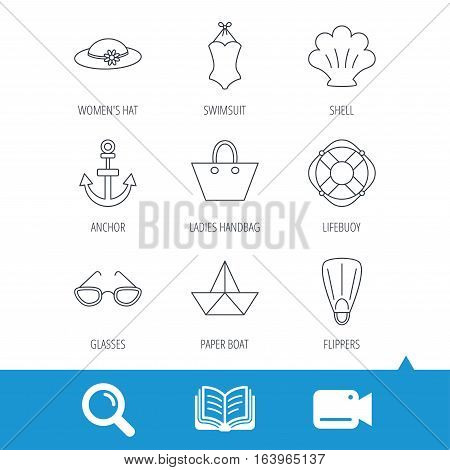Paper boat, shell and swimsuit icons. Lifebuoy, glases and women hat linear signs. Anchor, ladies handbag icons. Video cam, book and magnifier search icons. Vector