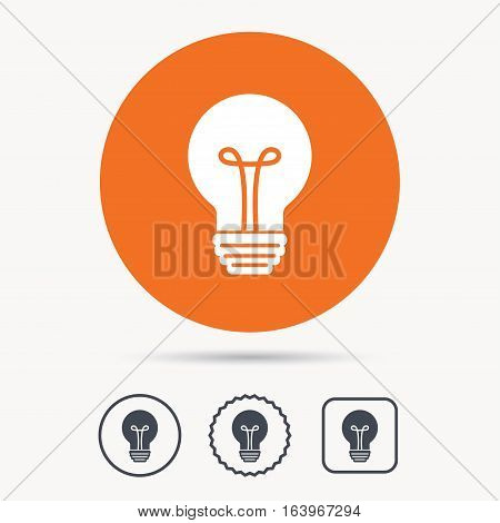 Light bulb icon. Lamp sign. Illumination technology symbol. Orange circle button with web icon. Star and square design. Vector
