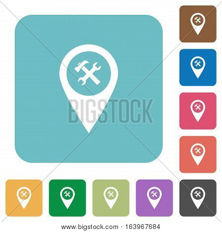 Workshop service location white flat icons on color rounded square backgrounds