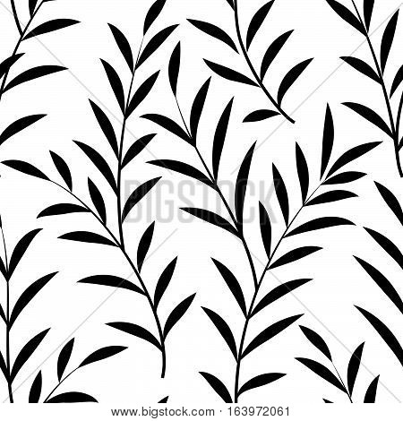 Abstract floral pattern Floral branch with leaves silhouette black and white ornamental nature texture. Stylish plant ornamental background