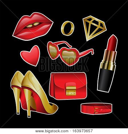 Set of female stuff, shoes, ring, heart, lips, lipstick, bags, belts