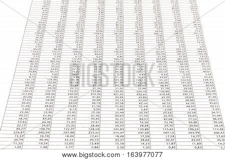 Business data report selective focus close up. Monthly stock stats spreadsheet. 