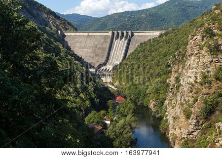 Amazing view Dam of the Vacha (Antonivanovtsy) Reservoir, Rhodopes Mountain, Bulgaria