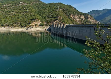 Ladscape with green forest around Vacha (Antonivanovtsy) Reservoir, Rhodopes Mountain, Bulgaria