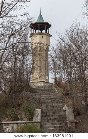 PLOVDIV, BULGARIA - DECEMBER 30 2016:  Medieval building of Clock tower in city of Plovdiv, Bulgaria