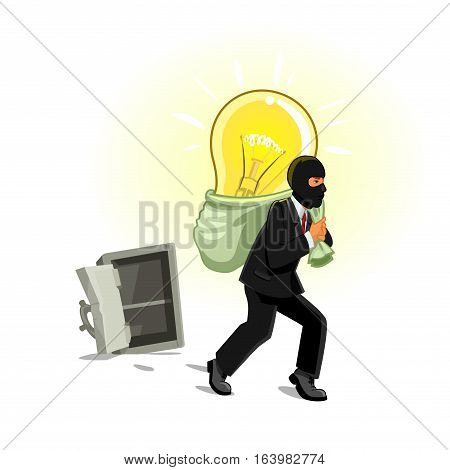 Idea theft. Man stealing lamp bulb from safe box. Business metaphor of human thief in black mask stealing idea, intellectual property, copyright in form electric lamp