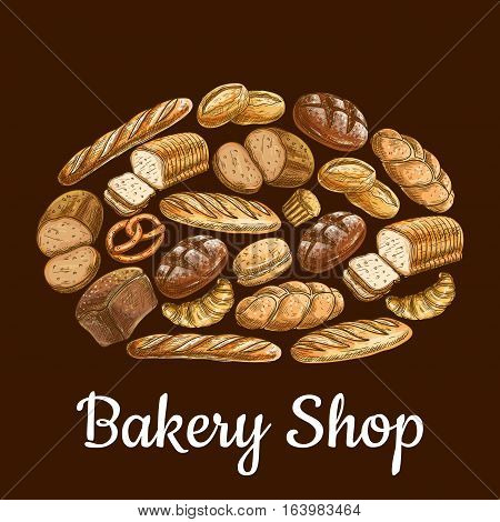 Bakery shop emblem in shape of bread loaf with vector sketch elements of bread and bakery products wheat and rye bread bricks and bagels, pretzel, fresh baked bun on brown background