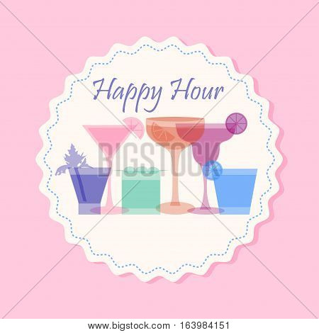 Happy hour flyer template with cocktail silhouettes of bright colors. Stock vector illustration in vintage retro style.