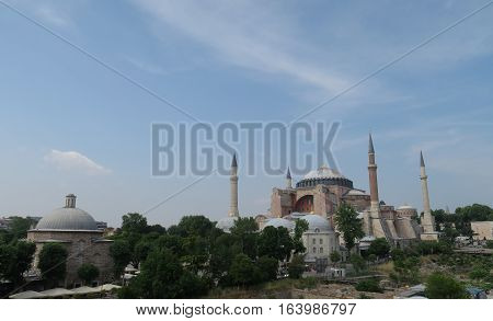 View at 1.500 Years old Hagia Sophia, Christian Orthodox Patriarchal Basilica, Imperial Mosque and now a Museum in Istanbul, Turkey