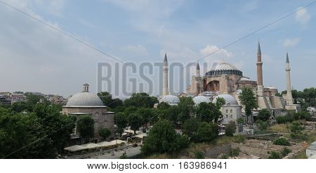 View at 1.500 Years old Hagia Sophia, Christian Orthodox Patriarchal Basilica, Imperial Mosque and now a Museum in Istanbul, Turkey