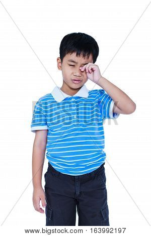 Eyes Pain. Asian Child Suffering From Eyestrain. Isolated On White Background.