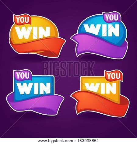 You win vector congratulation stickers emblems and banners on dark backround