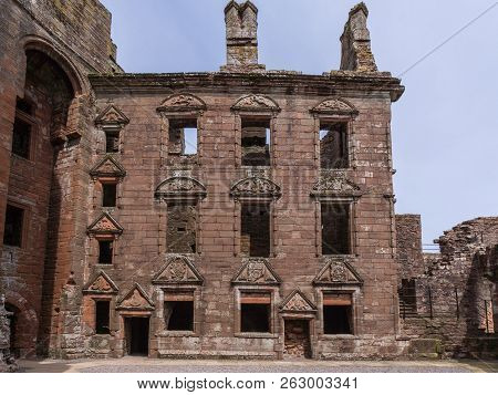 Shearington, Scotland, Uk - June 18, 2012: Closeup Of Ruined  Brown Stone Early Classical Domestic A