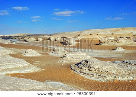 Beautiful Desert Landscape. Western White Desert, Sahara. Egypt. Africa. El- Khiyam. The Tents Valle