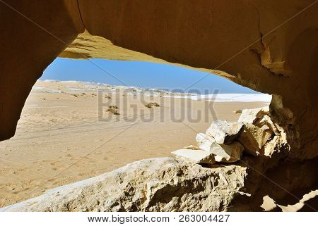 View From Limestone Cave On The Beautiful Landscape Of The Western White Desert. Sahara Desert. Egyp