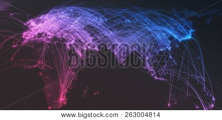 Glowing City And Human Population Density Areas With Bouncy Line Connections. View Of Entire World. 
