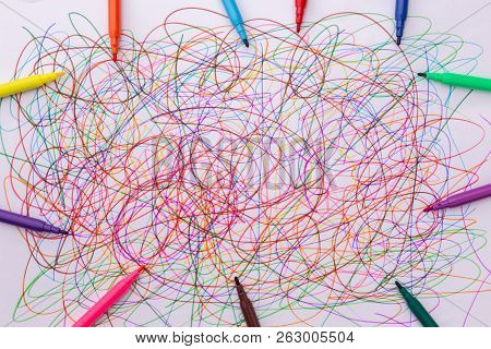 Different Colors Felt Tip Pens And Scribble On White Paper, Abstract, Creative Concept, Children Dra