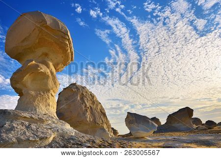 Beautiful Abstract Nature Rock Formations Aka Sculptures In Western White Desert At Sunset, Sahara. 