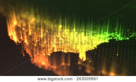 Glowing City And Human Population Density Areas With Rising Lines From Them. View Of America. 3d Ill