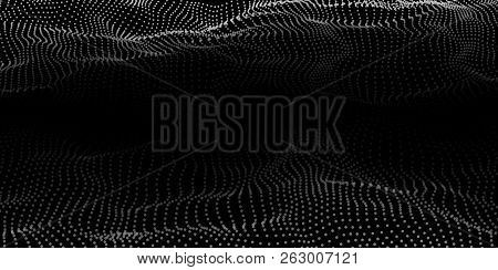 Abstract Wave Dots In Dark Background. Cyberspace Grid. 3d Technology. Abstract Vector Landscape Bac