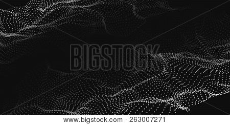 Abstract Wave Dots In Dark Background. Connection Structure. Vector Illustration.