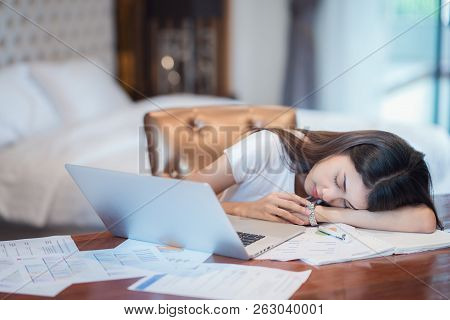 Asian Lady Work Hard And Reading Before Examination Until Morning In Her Bedroom, This Immage Can Us